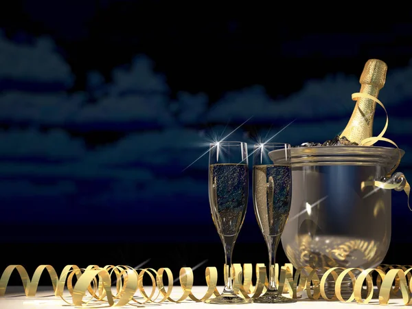 Two glasses with champagne and bottle. 3d rendering — Stock Photo, Image