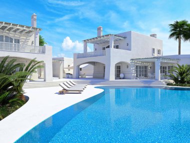 Yüzme Havuzlu Villa. Yaz konsepti. 3D render