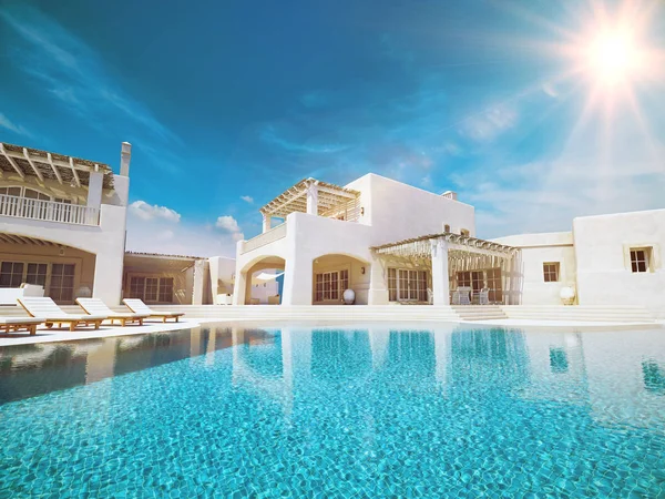 Villa med pool. sommaren koncept. 3D-rendering — Stockfoto