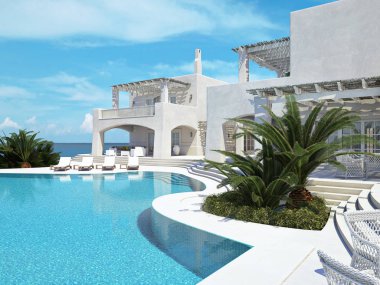 Yüzme Havuzlu Villa. Yaz konsepti. 3D render