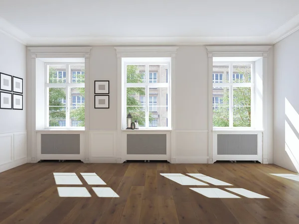 Empty bright room with windows and parquet. 3d rendering — Stock Photo, Image