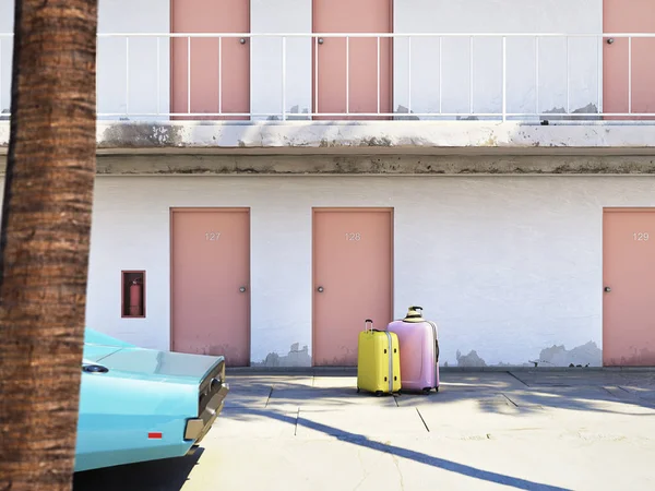 Luggage beside parked car outside motel. 3d rendering — Stock Photo, Image