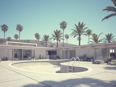 Yüzme Havuzu ve modern ev dış görünümünü. 3D render