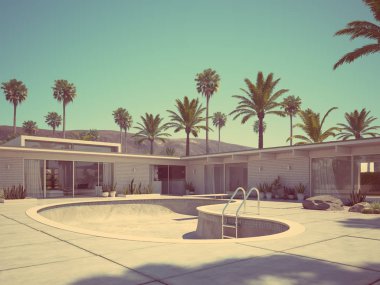 Yüzme Havuzu ve modern ev dış görünümünü. 3D render
