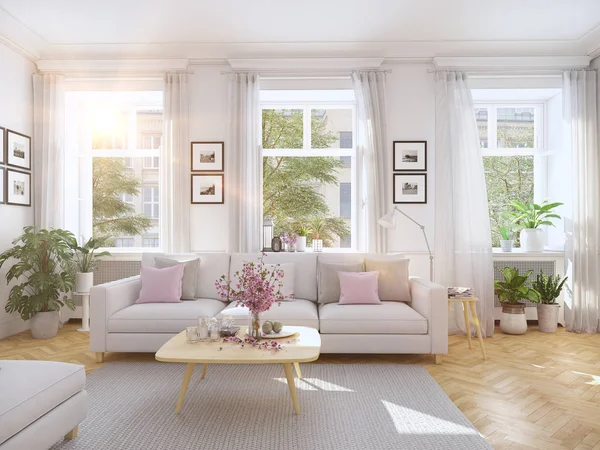 Modern nappali a villában. 3D-leképezés — Stock Fotó