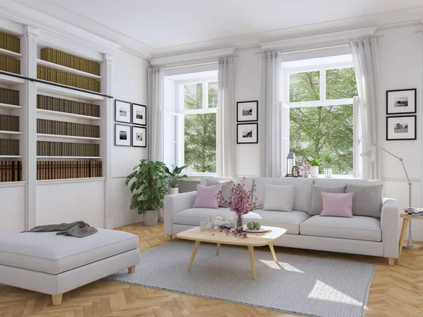 Modernes Wohnzimmer im Stadthaus. 3D-Darstellung — Stockfoto