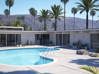 Yüzme Havuzu ve modern ev dış görünümünü. 3D render
