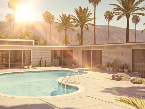 Vista da piscina e casa moderna exterior. Renderização 3d — Fotografia de Stock