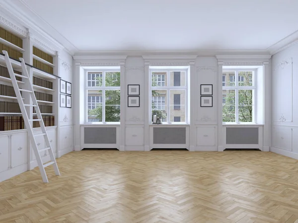 Leerer heller Raum mit Fenstern und Parkett. 3D-Darstellung — Stockfoto