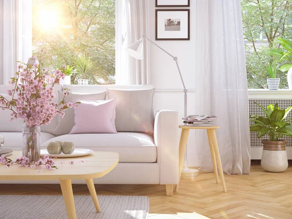 Moderní obývací pokoj v městském domě. 3D vykreslování — Stock fotografie