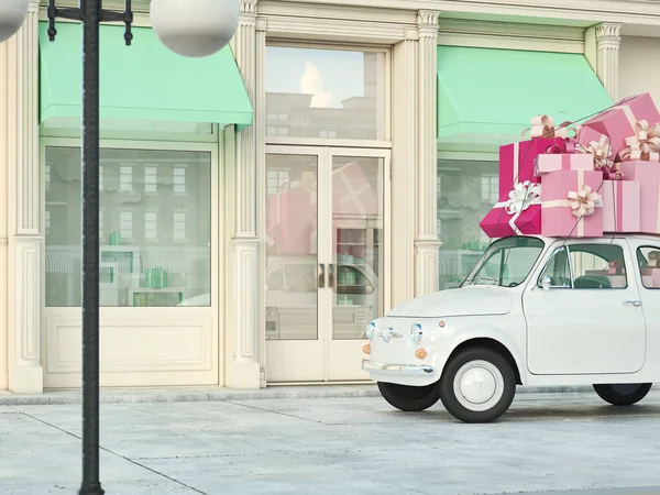 Автомобиль с подарками на крыше перед магазином. 3d-рендеринг — стоковое фото