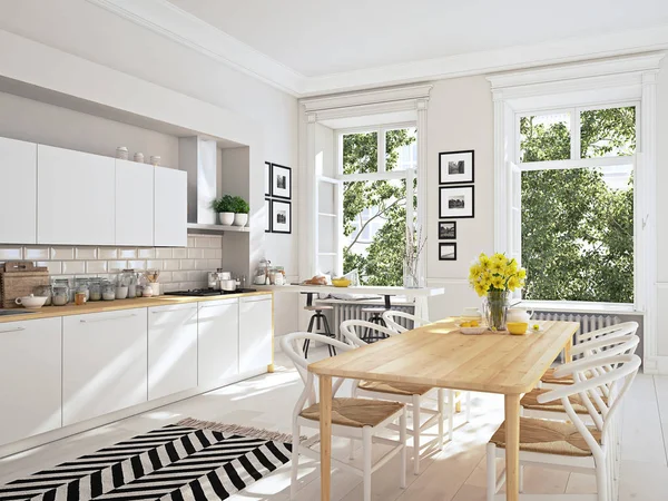 Modern skandináv konyha tetőtéri apartmanban. 3D renderelés — Stock Fotó