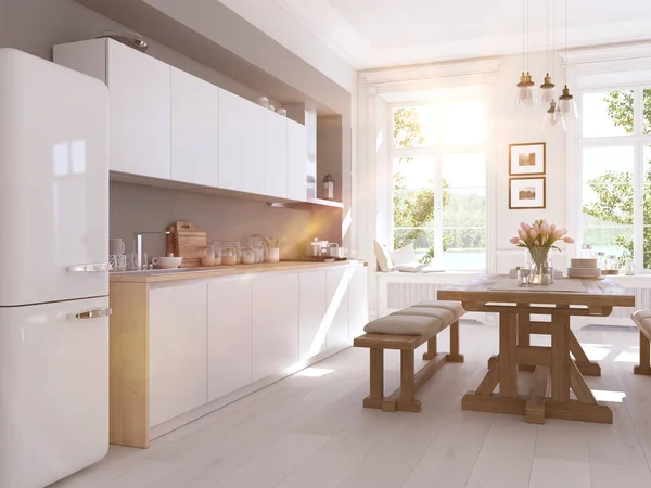 Moderna cucina nordica in loft. Rendering 3D — Foto Stock