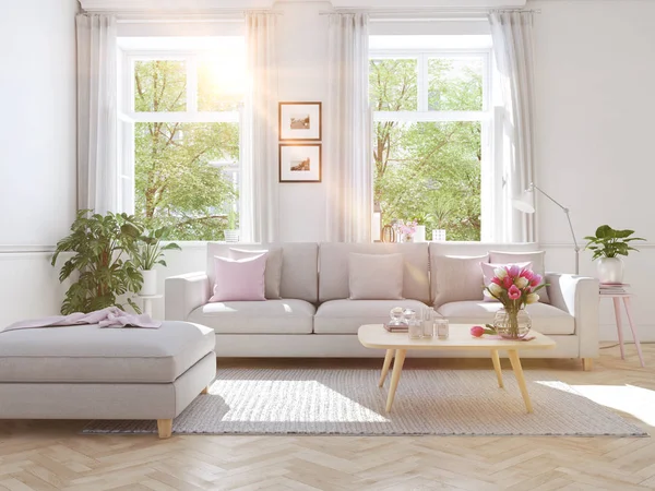 Modern oturma odası townhouse içinde. 3D render