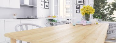 Çatı katındaki modern İskandinav mutfağı. 3B görüntüleme