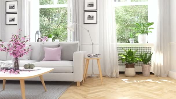 Skandinávská moderní obývací pokoj v městském domě. 3D vykreslování