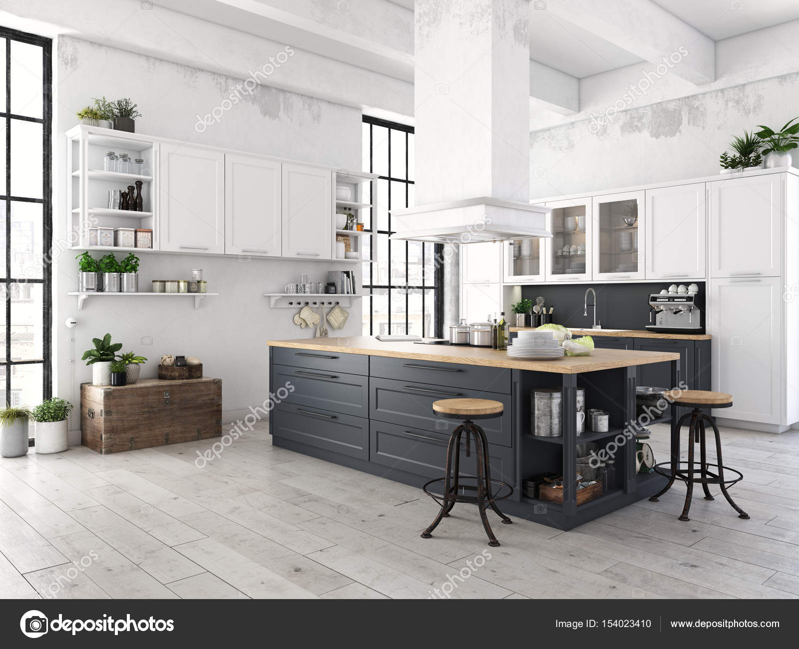 Cozinha Moderna N Rdica Em Apartamento Loft Renderiza O 3d Stock Cozinha Moderna N Rdica Em Apartamento Loft Renderiza O 3d Stock
