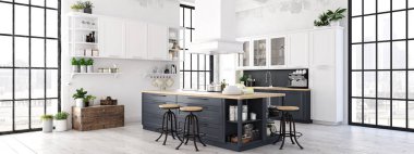 Çatı katındaki modern İskandinav mutfağı. 3B görüntüleme