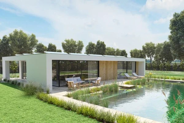 Moderní dům s životního prostředí bazénu. 3D vykreslování — Stock fotografie