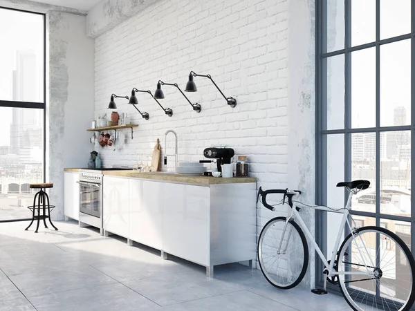 Cozinha nórdica moderna no apartamento loft. Renderização 3D — Fotografia de Stock