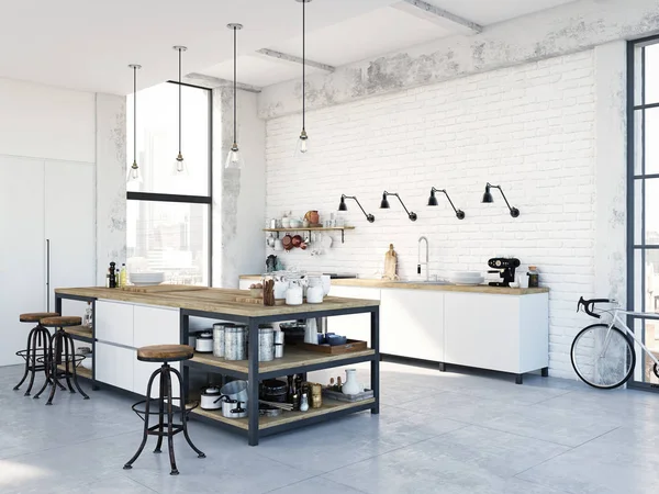 Moderna cucina nordica in loft. Rendering 3D — Foto Stock