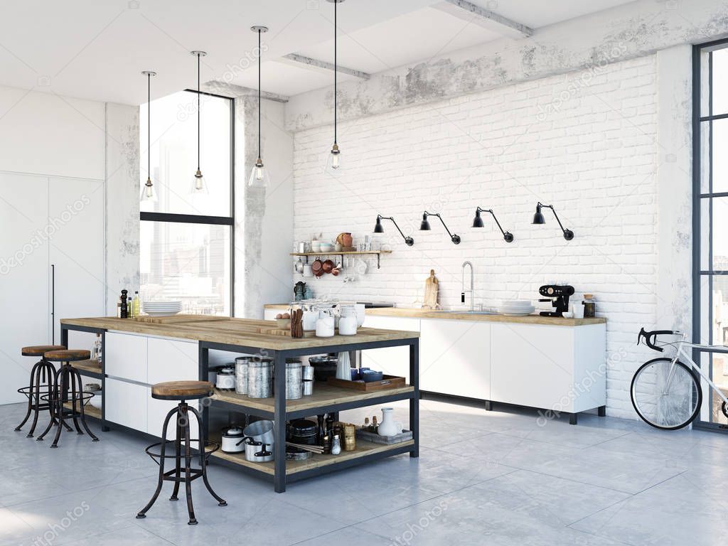 modern nordic kitchen in loft apartment. 3D rendering
