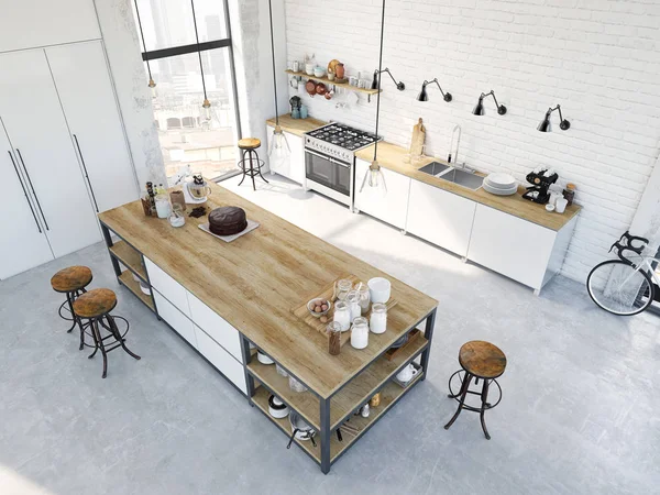 Nowoczesna nordycka kuchnia w mieszkaniu na poddaszu. Renderowanie 3D — Zdjęcie stockowe