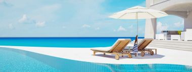 Yüzme Havuzlu Villa. Yaz konsepti. 3D render