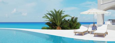 Yüzme Havuzlu Villa. Yaz konsepti. 3D render