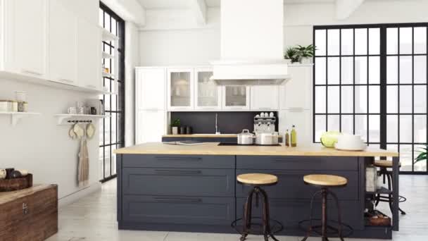 Moderní nordic kuchyně v podkrovním bytě. 3D vykreslování — Stock video