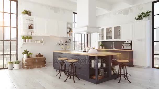 Çatı katındaki modern İskandinav mutfağı. 3B görüntüleme — Stok video