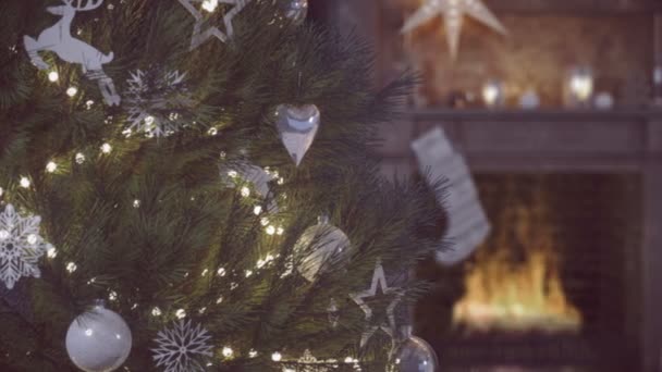 Cozy christmas interior with firelace and christmastree. 3D RENDERING — Stock Video