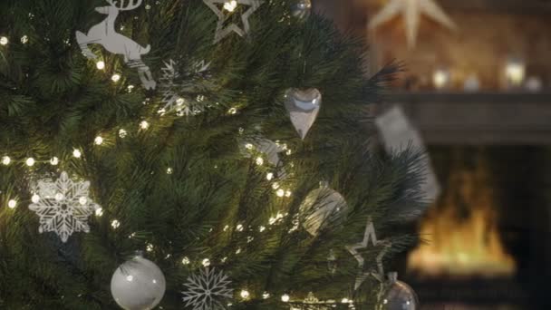 Άνετο εσωτερικό Χριστούγεννα με firelace και christmastree. 3D rendering — Αρχείο Βίντεο