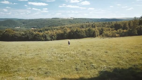 Kvinna vandra genom vackert landskap — Stockvideo