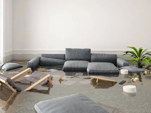 Flood in brand new apartment. 3d rendering — Stock Photo, Image