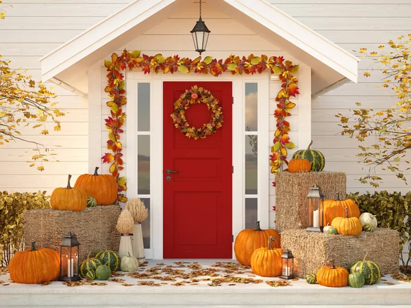 Casa decorada en otoño con calabazas y heno. renderizado 3d — Foto de Stock