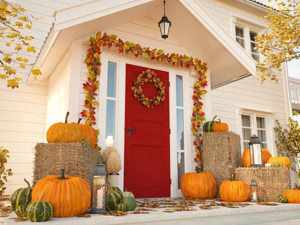 Na podzim zařízený dům s dýní a seno. 3D vykreslování — Stock fotografie