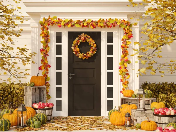 Casa decorada en otoño con calabazas y heno. renderizado 3d — Foto de Stock