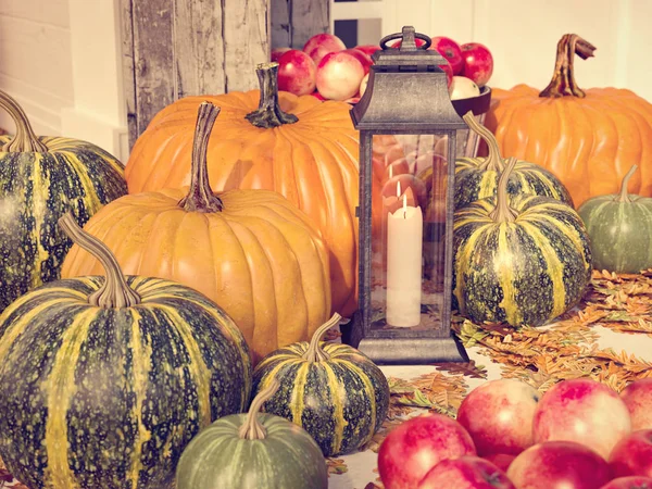 Renderizado 3d. decoración de acción de gracias al aire libre con calabazas y manzanas . — Foto de Stock