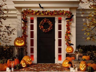 Halloween pumpkins ile ev dekore edilmiştir. 3D render