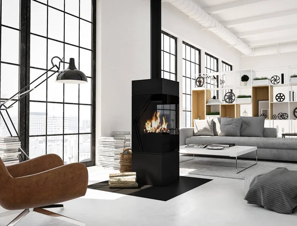 3d rendering. living room with fireplace in modern loft apartment. — Stock Photo, Image