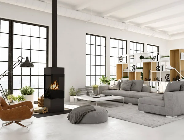 3D-Darstellung. Wohnzimmer mit Kamin in moderner Loft-Wohnung. — Stockfoto