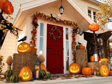 Halloween pumpkins ile ev dekore edilmiştir. 3D render