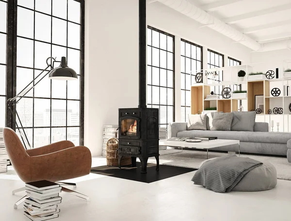 3D-Darstellung. Wohnzimmer mit gusseisernem Kamin in moderner Loft-Wohnung. — Stockfoto