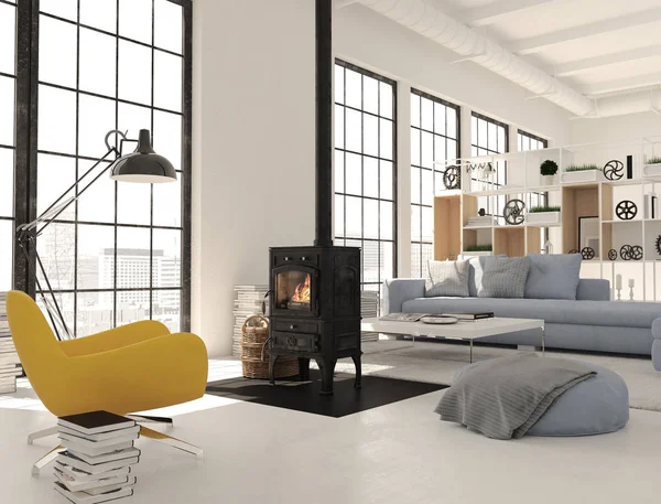 3D-Darstellung. Wohnzimmer mit gusseisernem Kamin in moderner Loft-Wohnung. — Stockfoto
