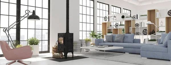 3d rendering. living room with cast iron fireplace in modern loft apartment. — Stock Photo, Image