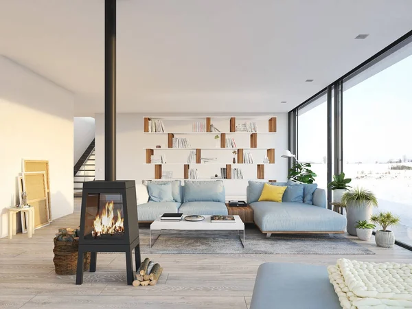 Rendering 3d. ruang tamu dengan besi cor perapian di apartemen apartemen apartemen modern . — Stok Foto