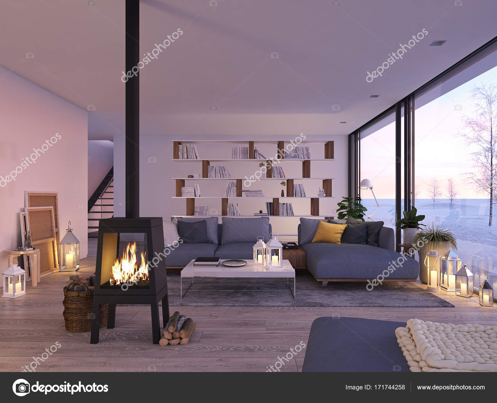 3d Rendering Living Room With Cast Iron Fireplace In Modern