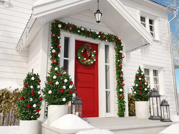 Χριστουγεννιάτικη διακοσμημένη βεράντα με μικρά δέντρα και φανάρια. 3D rendering — Φωτογραφία Αρχείου
