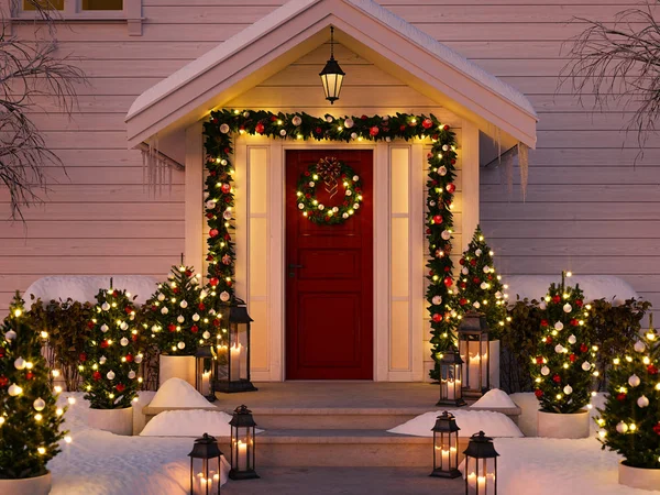 Christmas decorated porch with little trees and lanterns. 3d rendering — Stock Photo, Image